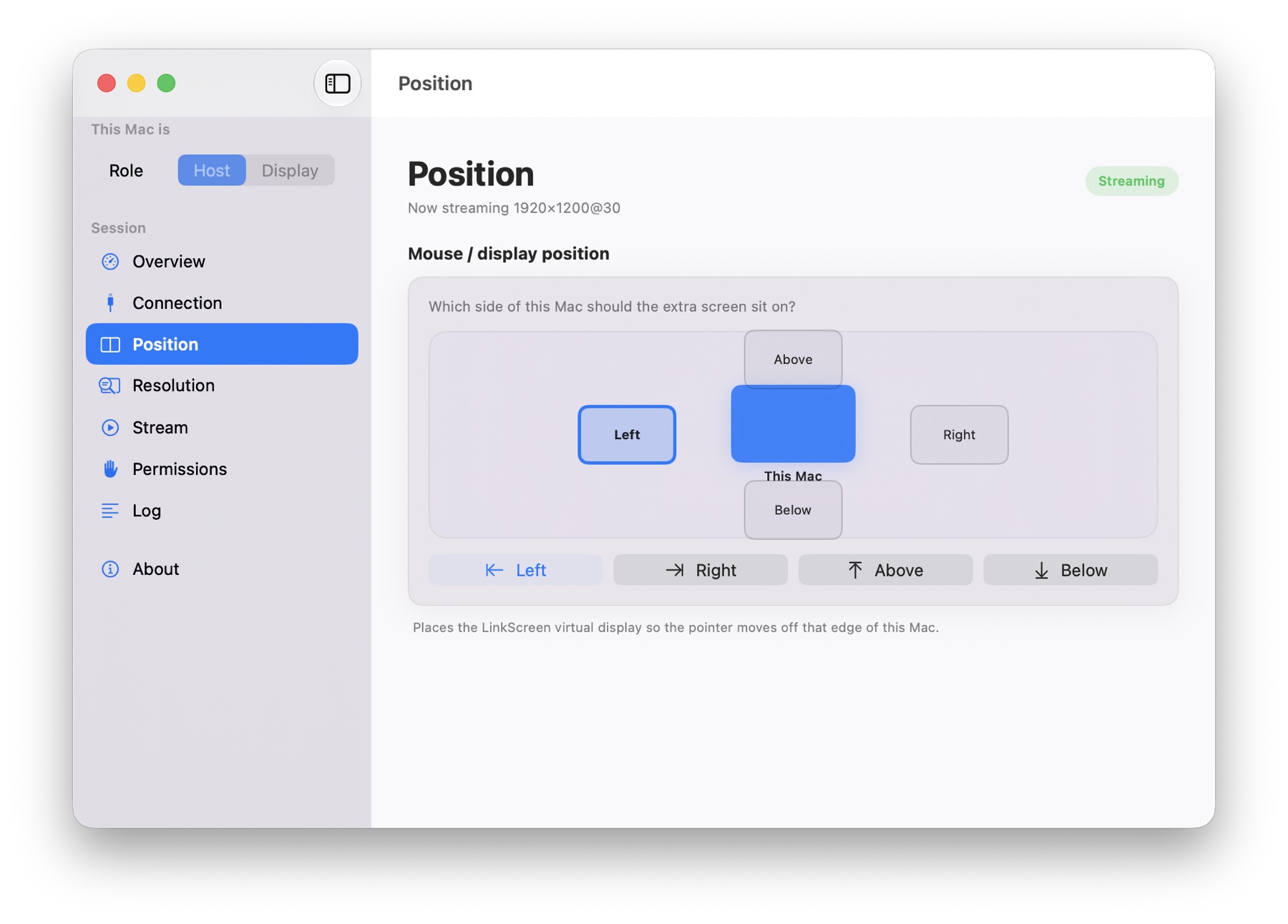xmac.space position controls showing an extra display arranged to the left of the main Mac